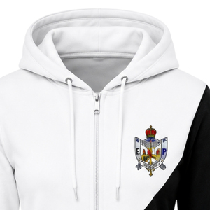 Sudadera con capucha para mujer, personalizada, blanca y negra, con 2 paneles cruzados, cremallera completa, bloques de color, manga larga, informal, para hermandades universitarias - Product Image 3