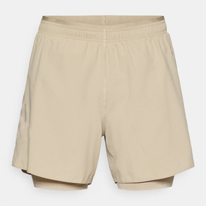 Men's Beige Solid Double <b>Layer</b> Canvas Running Shorts Quick Dry Drawstring Closure Elastic Waist <b>Mid</b> Length Casual Sport Shorts - Product Image 1