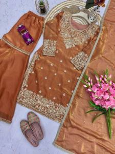 Launching New Designer Cotton Party Wear Top Sharara Plazzo and Dupatta with Heavy Chinnon Silk <b>Material</b> and 5mm Sequences - Product Image 6