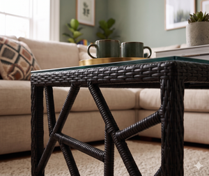 Modern Luxury Geometric Wicker <b>Coffee</b> <b>Table</b> Outdoor Patio <b>Garden</b> Synthetic PE Rattan Tea <b>Table</b> With Glass Top - Product Image 3