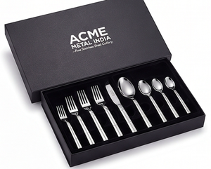 Juego de cubiertos minimalistas Acme de acero inoxidable con diseño lineal, acabado de alto brillo, apto para lavavajillas, para vajilla de bodas y hoteles. - Product Image 4