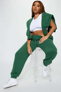 Ensemble de survêtement pour femme, vert, à capuche, avec fermeture éclair, haut court, manches longues, couleur unie, décontracté, avec poches latérales - Product Image 3