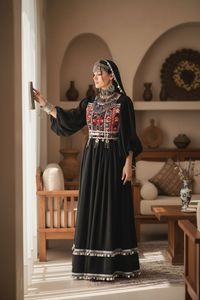 Low Price Afghani <b>Dress</b> Women Traditional Embroidered <b>Maxi</b> Bohemian Style <b>Long</b> <b>Sleeve</b> O-Neck Loose Fit Black Patchwork Design - Product Image 5