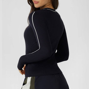 Solid Color Elastic Long Sleeve <b>Compression</b> Gym Shirt Women Muscle Fit Workout Tight Shirt Wide Neck Spandex/Polyester Fabric - Product Image 2