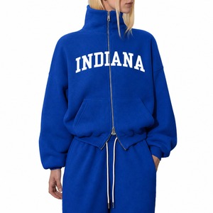 Ensemble de survêtement 2 pièces pour femme, automne-hiver, comprenant un sweat-shirt court zippé intégral oversize à col montant en molleton et un pantalon de jogging en coton épais - Product Image 1