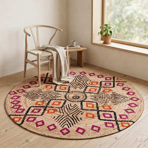 8' <b>Round</b> Southwestern Tribal Printed Jute Statement Rug for Bohemian Living Room Eclectic & Global Style Interiors - Product Image 1