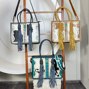 Sac à main de luxe de haute qualité, à motif à carreaux, en cuir véritable, avec détails en pierre turquoise, pour femmes - Product Image 5