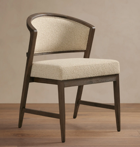 Chaise de salle à manger rembourrée de style Mid-Century Modern avec structure en bois et assise en tissu beige, design de mobilier pour la maison - Product Image 1