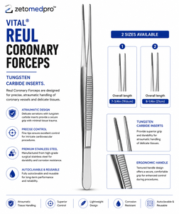Vital REUL Coronary Forceps <b>Tungsten</b> Carbide Inserts Overall Length 7-3/4in 19.6cm or 8-1/4in 21cm ZETOMEDPRO - Product Image 2