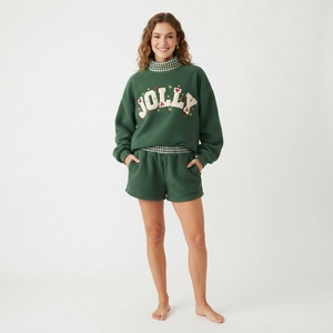 Noel Embroidered 2 Piece Shorts Set Women's <b>Preppy</b> Style Full Sleeve Loose Fit Fleece Winter Gingham Outfit - Product Image 6