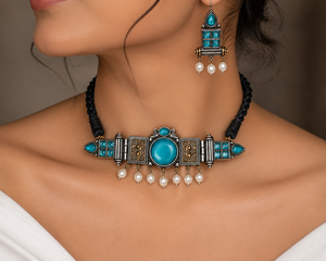 Joyería Bohemia Vintage para Mujer al por Mayor, Chapada en Plata Oxidada de Dos Tonos, con Piedra Monalisa, Conjunto de Gargantilla y Pendientes con Engaste de Bisel - Product Image 3