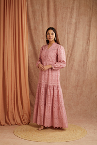 Robe longue bohème personnalisable rose à manches longues ultra-longues, fluide et ample, en tissu Cyk Crush 100% polyester pour femme - Product Image 3