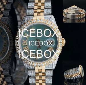 Montre unisexe avec boîtier rond en acier inoxydable et moissanite, cadran en verre, bracelet à fermoir, résistance à l'eau 10 bars - Product Image 4