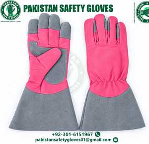 Guantes de seguridad de Pakistán, de cuero, para jardinería, resistentes a cortes, con puño tipo guanteleta, rosa y gris, ambidiestros, de fácil colocación. - Product Image 1