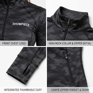 Chaqueta de compresión de camuflaje para mujer con cremallera, cuello alto, manga larga, ajuste ceñido, para gimnasio, entrenamiento, capa base, tops deportivos para damas - Product Image 6