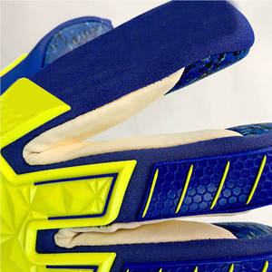Gants de gardien de but de football bleus et vert néon avec sangle de poignet réglable, protection complète des doigts, équipement sportif unisexe - Product Image 6