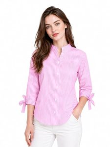 Camisa de mujer rosa a rayas con botones, manga larga, corte holgado, de popelina de algodón, blusa informal para primavera/verano, combina con pantalones blancos. - Product Image 2
