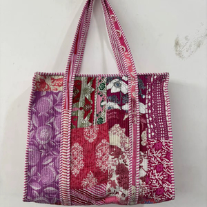 Shopping Travel For Cotton Quilted Striped Handle Tote Bag Indian Handmade Summer for Women Open <b>Shoulder</b> <b>Strap</b> Travel Use Bag - Product Image 1