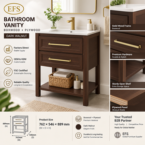 Dark Wood <b>Bathroom</b> Vanity <b>Cabinet</b> <b>With</b> Drawers And Open Shelf Floor Standing Rectangular OEM ODM <b>Bathroom</b> Vanity Manufacturer - Product Image 5