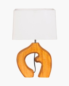Abstract hollow sculpted wood <b>table</b> lamp rectangular fabric shade hand carved arch base <b>bedside</b> light for bedroom living room - Product Image 1