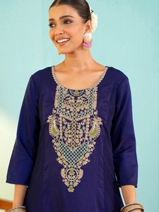 NOIIR PIGEON <b>Womens</b> Heavy Viscose Silk Embroidered Wrinkle-Free Traditional Flared <b>Kurta</b> Pant & Printed Georgette Dupatta Set - Product Image 2