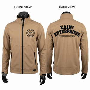 Chaqueta Softshell para Hombre, 340 GSM, Poliéster y Spandex, Forro Polar, Diseño de Paneles Color Caqui, Parche de Chenilla Bordado, Transferencia Térmica Personalizada - Product Image 1