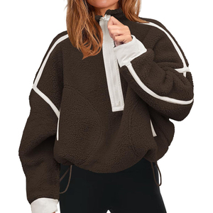 Sweat-shirt long pour femme 2026 en velours côtelé à demi-zip, personnalisé avec logo, pour le sport et la gym, séchage rapide, polyester/coton - Product Image 1