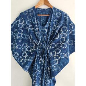 Vestido Kaftán de Algodón con Estampado Floral Azul, Cuello en V, Estilo Bohemio, Holgado, Informal, para Vacaciones de Verano - Product Image 5