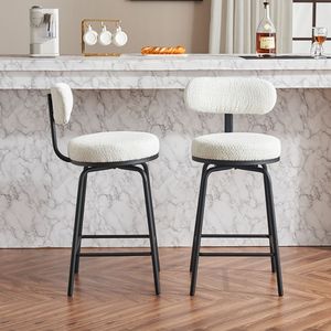 Set Moderno di 2 Sgabelli da Bar Rivestiti in Bouclé con Gambe in Metallo e Poggiapiedi Girevoli a 360 Gradi - Product Image 1