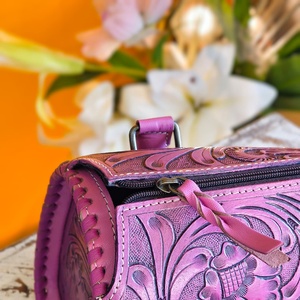 New Handcrafted Western Stylish Hand Tooled Florals Carved With Single Stone Studded 100% Genuine Leather <b>Mini</b> Speedy Duffle Bag - Product Image 3