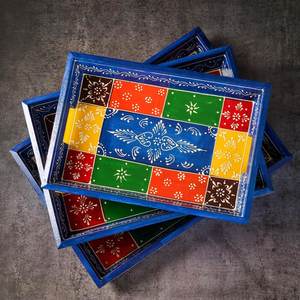 Juego de 3 bandejas de madera pintadas a mano para servir, decoración rústica, bandejas otomanas para mesas de centro y mesitas de noche - Product Image 1