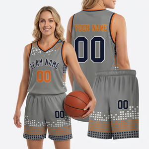 Camiseta de Baloncesto Sublimada Personalizada, Gris y Naranja, con Nombre del Equipo, Cuello en V, Sin Mangas, Unisex, para Adultos, de Malla - Product Image 5