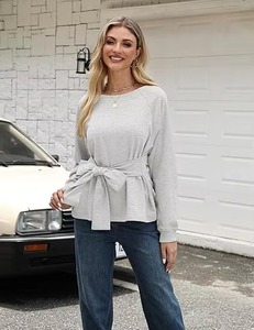 Sudadera de Mujer de Color Sólido con Cuello Redondo, Manga Larga, Tejido de Algodón, Diseño Asimétrico con Lazo, Estampada, Informal, Transpirable para Invierno - Product Image 2