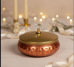 Round Copper Metal Jar with Gold Airtight Seal Lid and <b>Crystal</b> <b>Knob</b> Vintage Table Decoration Accessory - Product Image 1