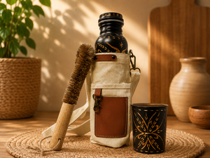 Black Engraved Metal Water <b>Bottle</b> Set with Copper Tumbler Carry Bag and Cleaning <b>Brush</b> Oriental Design Portable Travel Drinkware - Product Image 4