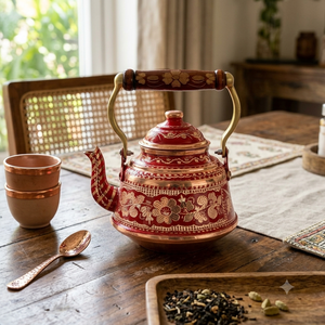 Bouilloire à thé en cuivre rouge peinte à la main, théière turque vintage, poignée en laiton gravée de motifs floraux, chauffe-eau pour cuisinière, cafetière et théière - Product Image 3