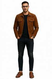 ONETEN <b>Men</b> Brown <b>Suede</b> <b>Jacket</b> Turn Down Collar Button Front Chest Pockets Casual Autumn Coat - Product Image 2
