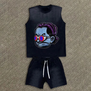 Ensemble short et t-shirt sans manches imprimé personnalisé pour homme, col rond, en coton tricoté, tenue décontractée d'été, logo avant, écologique, mode - Product Image 5