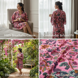 Robe de nuit kimono en coton rose à fleurs, col en V, manches longues, fermeture à cordon, séchage rapide, respirante, ensemble cadeau pour demoiselle d'honneur - Product Image 6