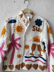 Chaqueta Corta de Algodón Estilo Bohemio Suzani, Bordado Colorido con Sol, Corazón y Palmera, Ropa Exterior Casual para Mujer - Product Image 4