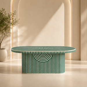 Table à manger ovale en bois massif rayée vert et blanc, style moderne géométrique, pour îlot de cuisine ou salle à manger - Product Image 1