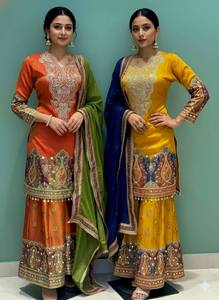 Premium Pure Chinon <b>Silk</b> <b>Kurta</b> Palazzo Set with Digital Print, Real Mirror Hand Work, Embroidery Sequins and Faux Georgette - Product Image 2
