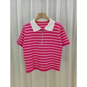 Haut d'été décontracté à manches courtes pour femme, en jersey rayé avec fermeture éclair au col, coupe classique - Product Image 3