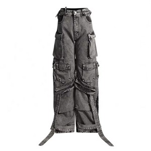 High Waist Multi Pocket Baggy Denim Cargo Pants Unisex Workwear Breathable Cotton Streetwear Wide Leg <b>Jeans</b> - Product Image 2