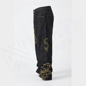 Straight-Leg Dark Wash <b>Denim</b> Jeans Men High Waist Regular Fit Cotton Embroidery Streetwear Autumn Style Pants - Product Image 3