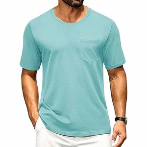 T-shirt pour homme à manches courtes, col rond, couleur unie, coupe classique, en coton, jersey décontracté, respirant, avec poche, toutes les couleurs - Product Image 1