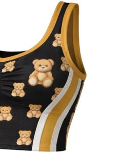 Custom Women Black <b>Yellow</b> Teddy Bear Print Two Piece Skirt Set Sleeveless Crop Top High Waist Mini Skirt Stretch Summer Wear - Product Image 4