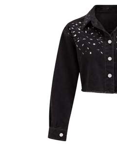 Veste en jean courte noire personnalisée pour femme avec col à strass et boutons, manches longues, style urbain, haut tendance - Product Image 5