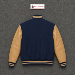 Veste universitaire en laine bleu marine de qualité supérieure avec manches en cuir beige, veste de baseball personnalisée pour hommes et femmes, vente en gros - Product Image 6