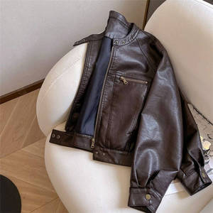 Chaqueta de Motociclista Corta para Mujer, de Cuero Vacuno Marrón, Estilo Vintage, Resistente al Viento, con Cuello Alto y Cierre de Cremallera - Product Image 6
